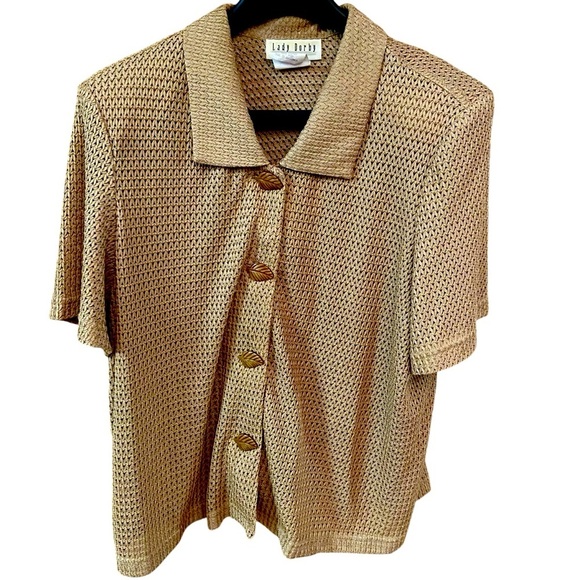 Lady Dorby Vintage Gold Knit Top Button Front Size L/XL Leaf Buttons Retro 80s - Picture 10 of 16